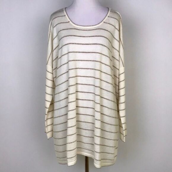 J. Jill Cream Gold Striped Soft Knit Wool Scoop Neck Oversized Sweater Medium - Picture 3 of 5
